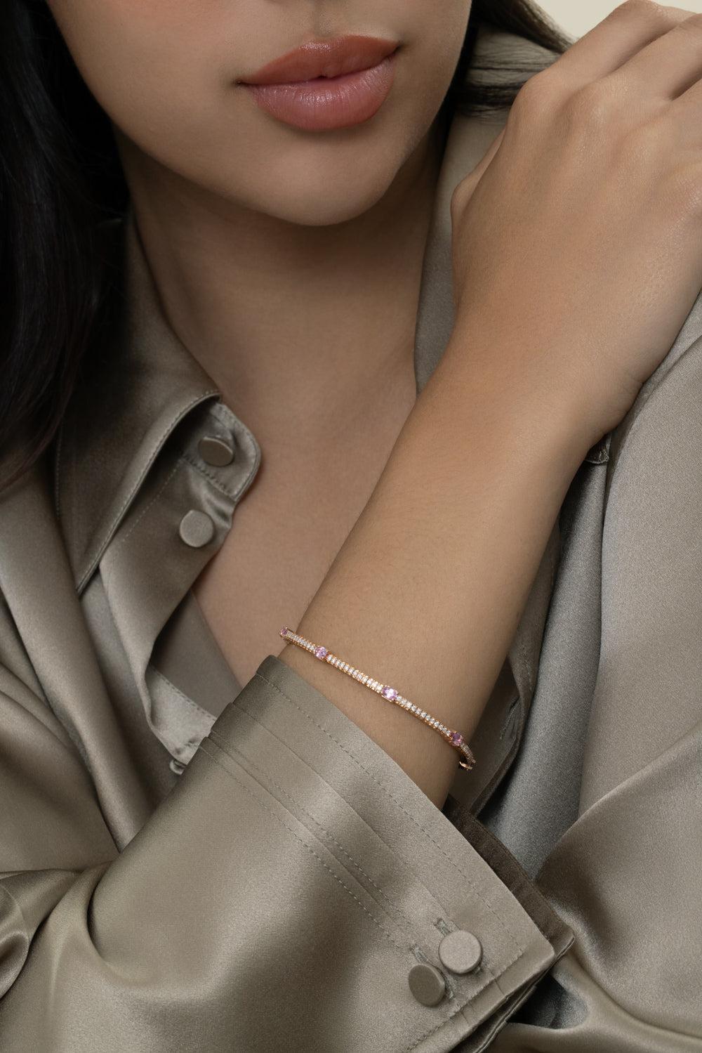 Oval Pink Sapphire Round Diamond Extensible Bracelet-ROSE GOLD-6.5-JEWELRYFINE JEWELBRACELET O-ROBERTO DEMEGLIO