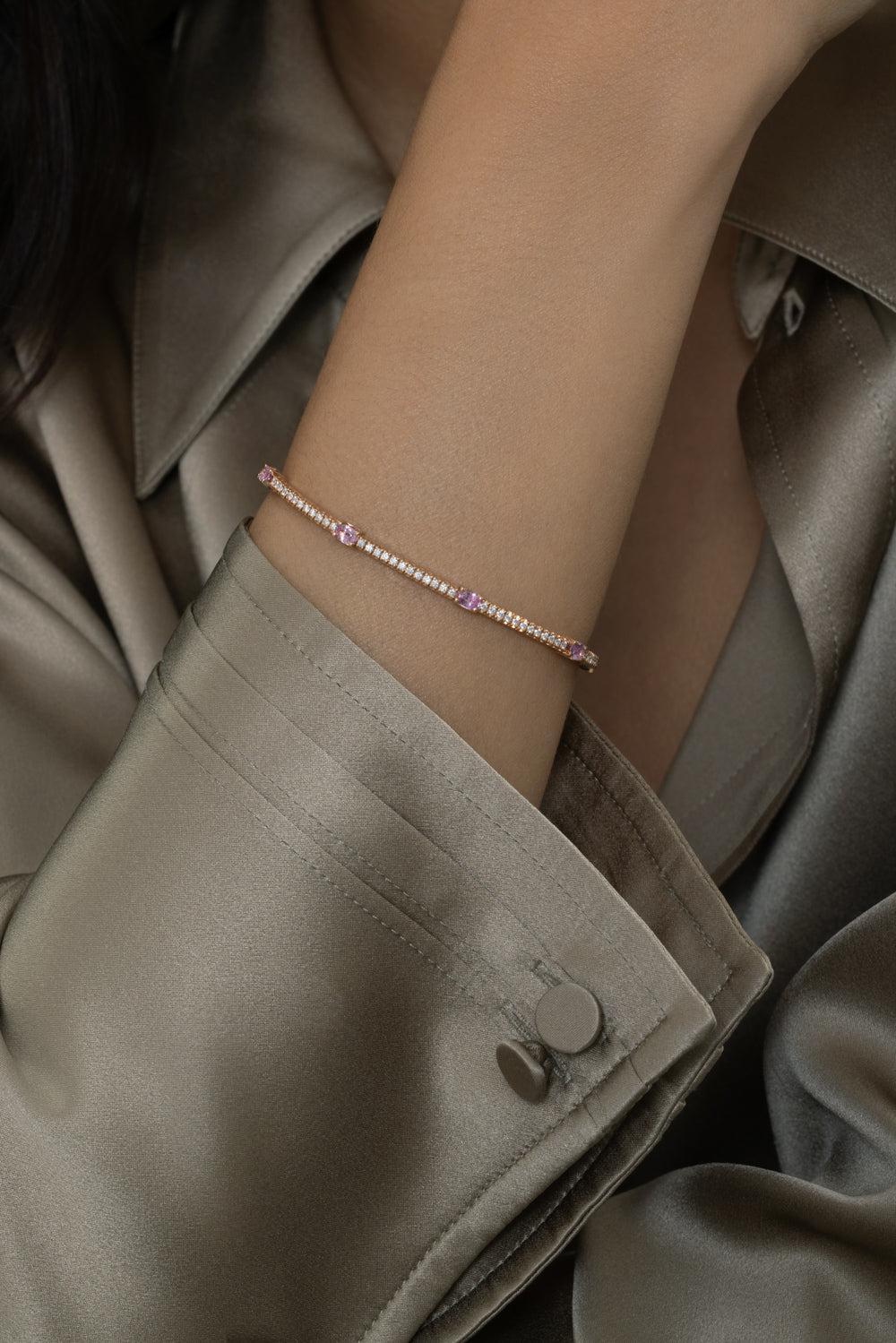 Oval Pink Sapphire Round Diamond Extensible Bracelet-ROSE GOLD-6.5-JEWELRYFINE JEWELBRACELET O-ROBERTO DEMEGLIO