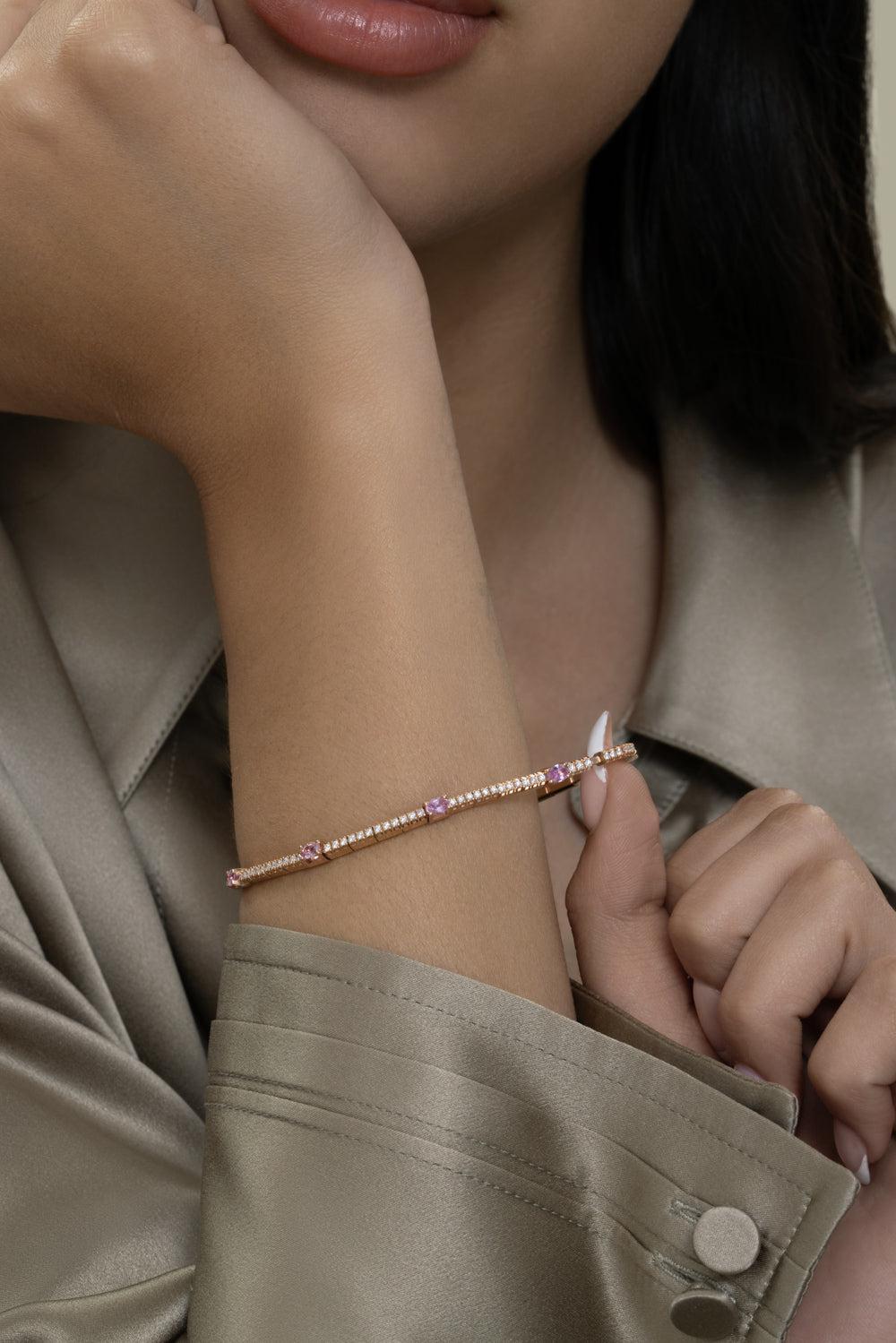 Oval Pink Sapphire Round Diamond Extensible Bracelet-ROSE GOLD-6.5-JEWELRYFINE JEWELBRACELET O-ROBERTO DEMEGLIO