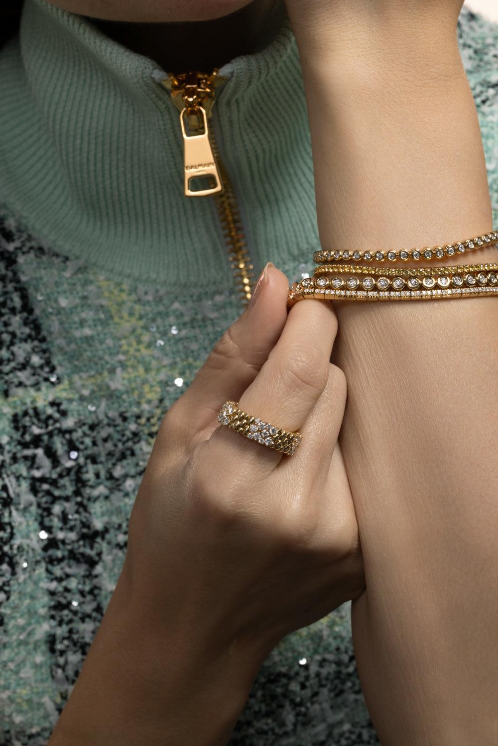 Diamond Bezel Stretch Bracelet-YELLOW GOLD-JEWELRYFINE JEWELBRACELET O-ROBERTO DEMEGLIO