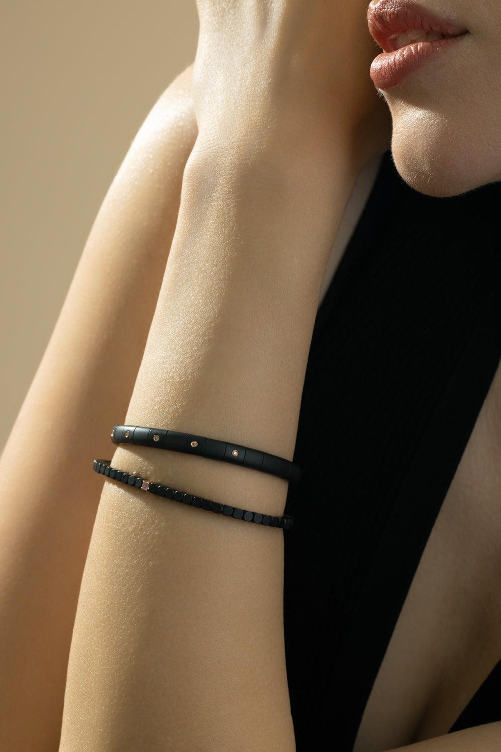 One Pink Sapphire Matte Black Dado Bangle Bracelet-ROSE GOLD-JEWELRYFINE JEWELBRACELET O-ROBERTO DEMEGLIO