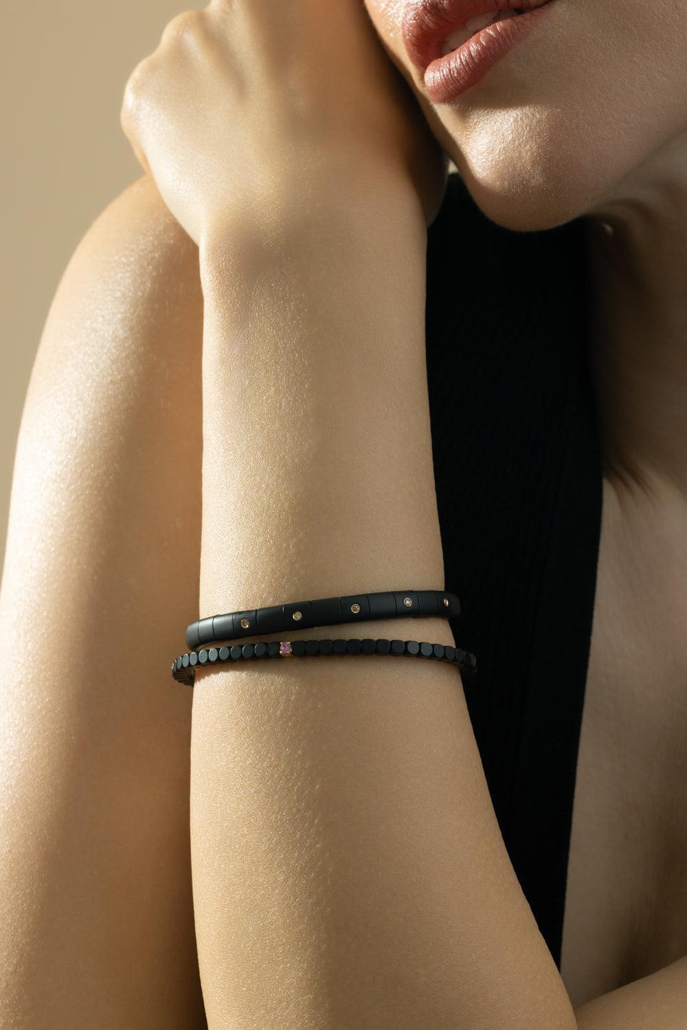 One Pink Sapphire Matte Black Dado Bangle Bracelet-ROSE GOLD-JEWELRYFINE JEWELBRACELET O-ROBERTO DEMEGLIO