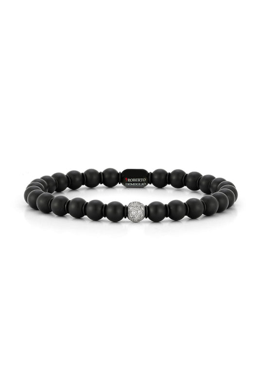 Diamond Bead Matte Black Ceramic Sfera Stretch Bracelet-WHITE GOLD-JEWELRYFINE JEWELBRACELET O-ROBERTO DEMEGLIO