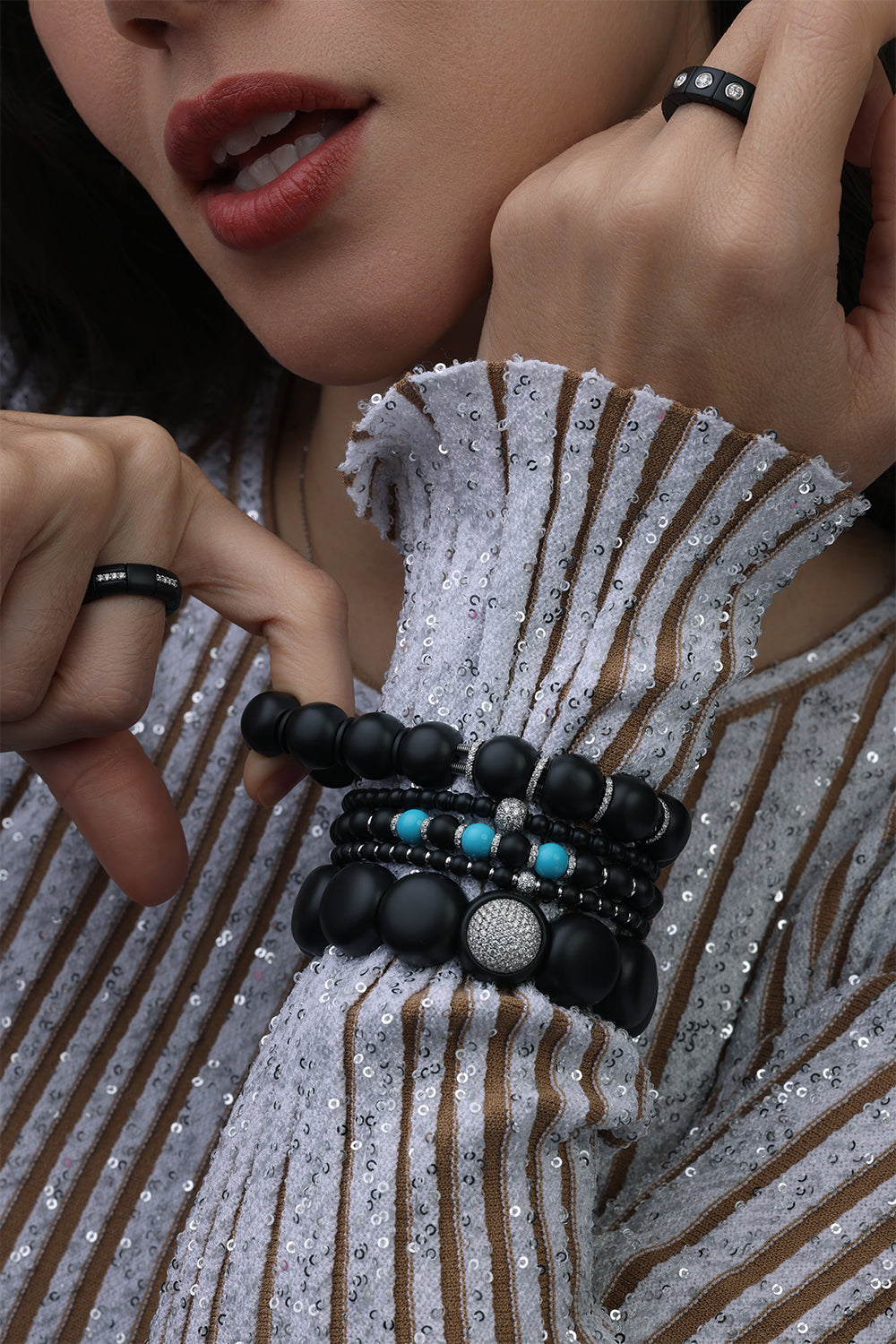 Diamond Bead Rondelle Matte Black Ceramic Sfera Stretch Bracelet-WHITE GOLD-JEWELRYFINE JEWELBRACELET O-ROBERTO DEMEGLIO