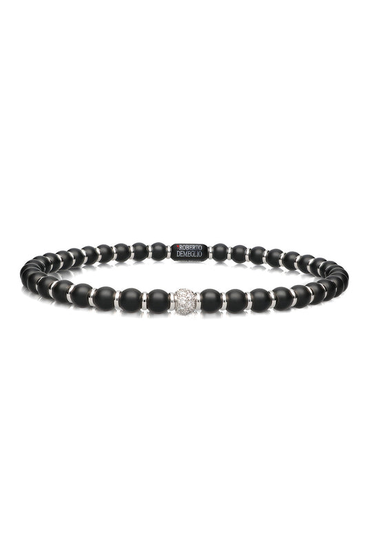 Diamond Bead Rondelle Matte Black Ceramic Sfera Stretch Bracelet-WHITE GOLD-JEWELRYFINE JEWELBRACELET O-ROBERTO DEMEGLIO