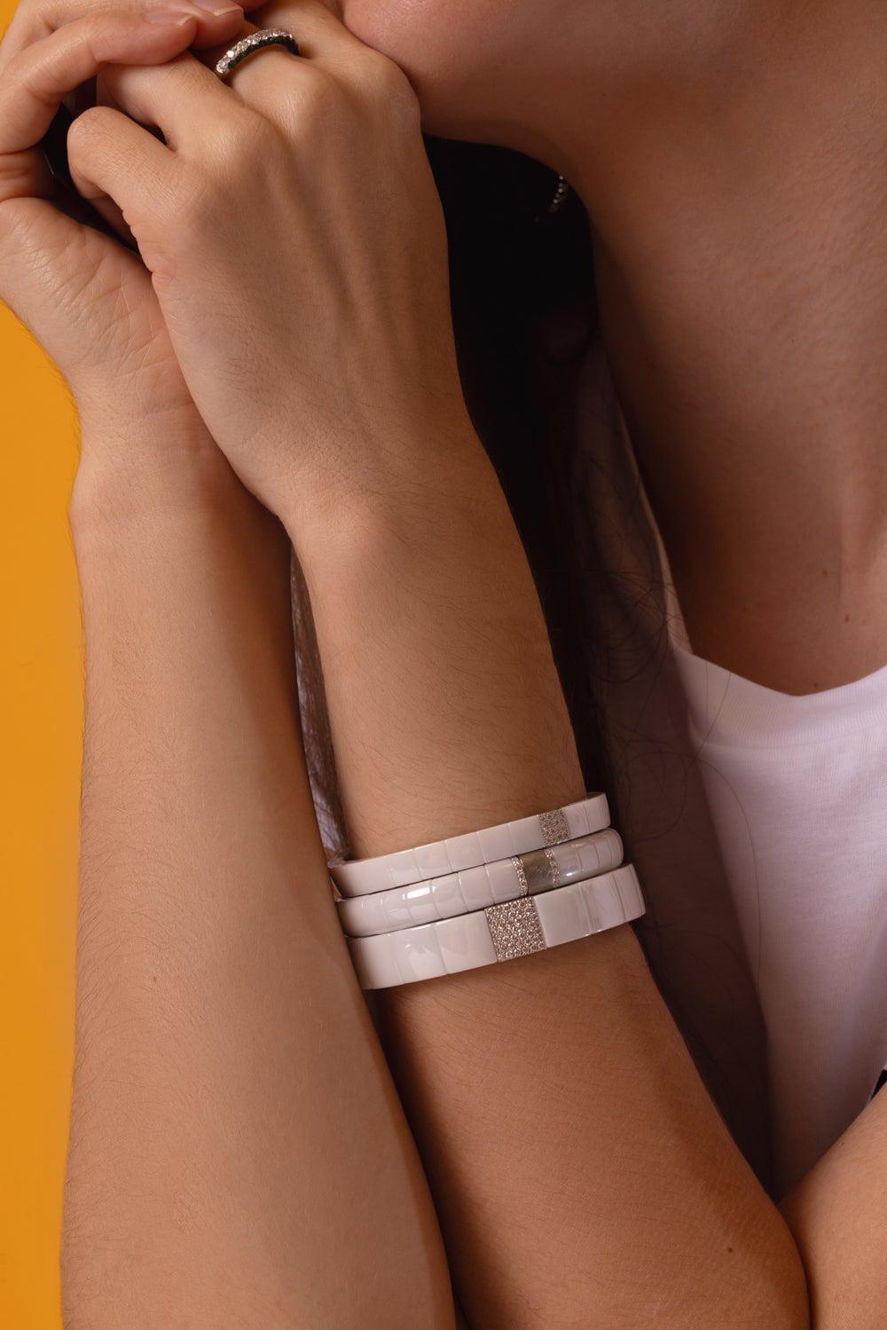 ROBERTO DEMEGLIO-Domino Square White Ceramic Stretch Bracelet-WHITE GOLD