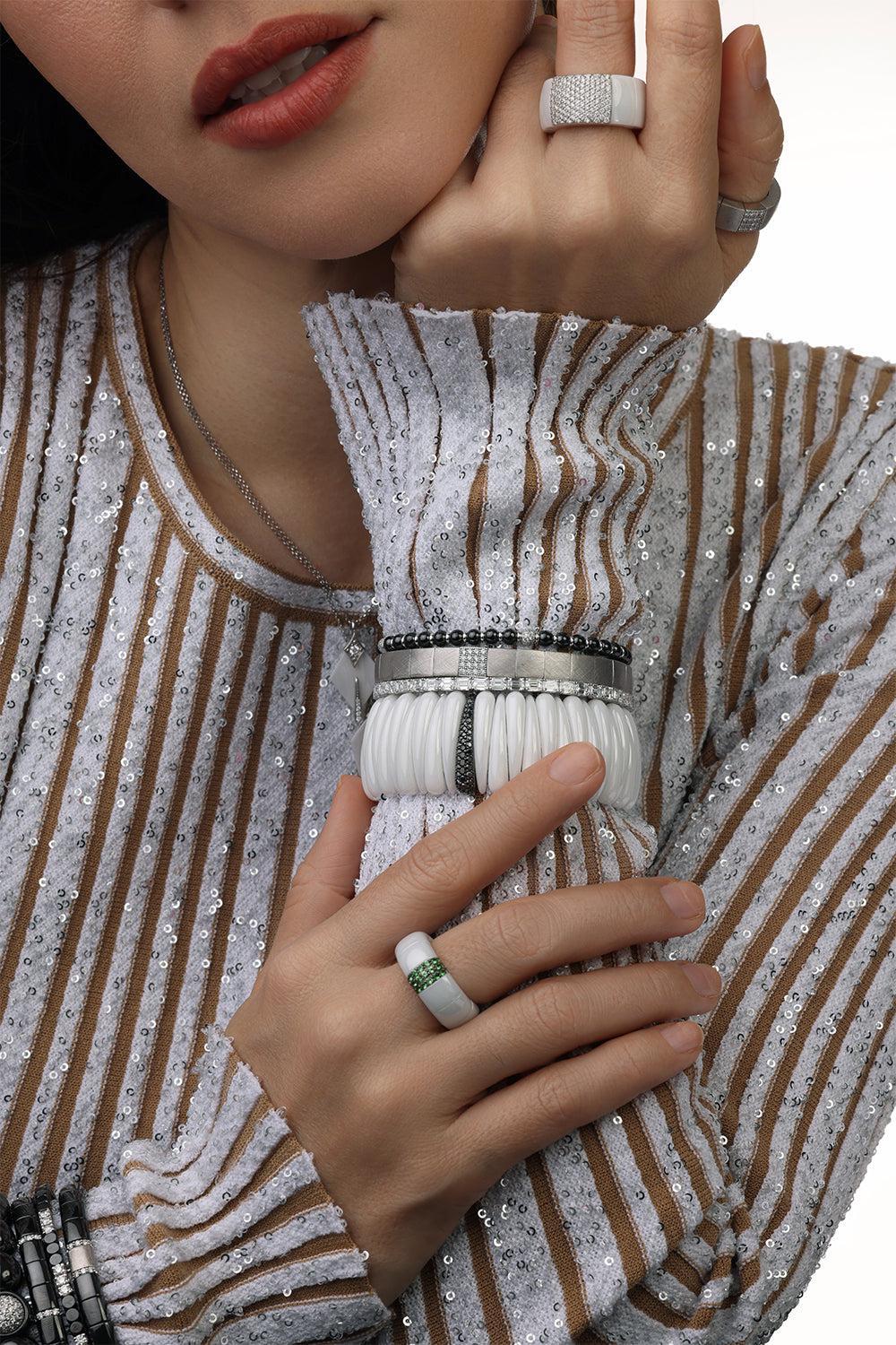 Four Diamond Bead Rondelle Sfera Stretch Bracelet-WHITE GOLD-JEWELRYFINE JEWELBRACELET O-ROBERTO DEMEGLIO