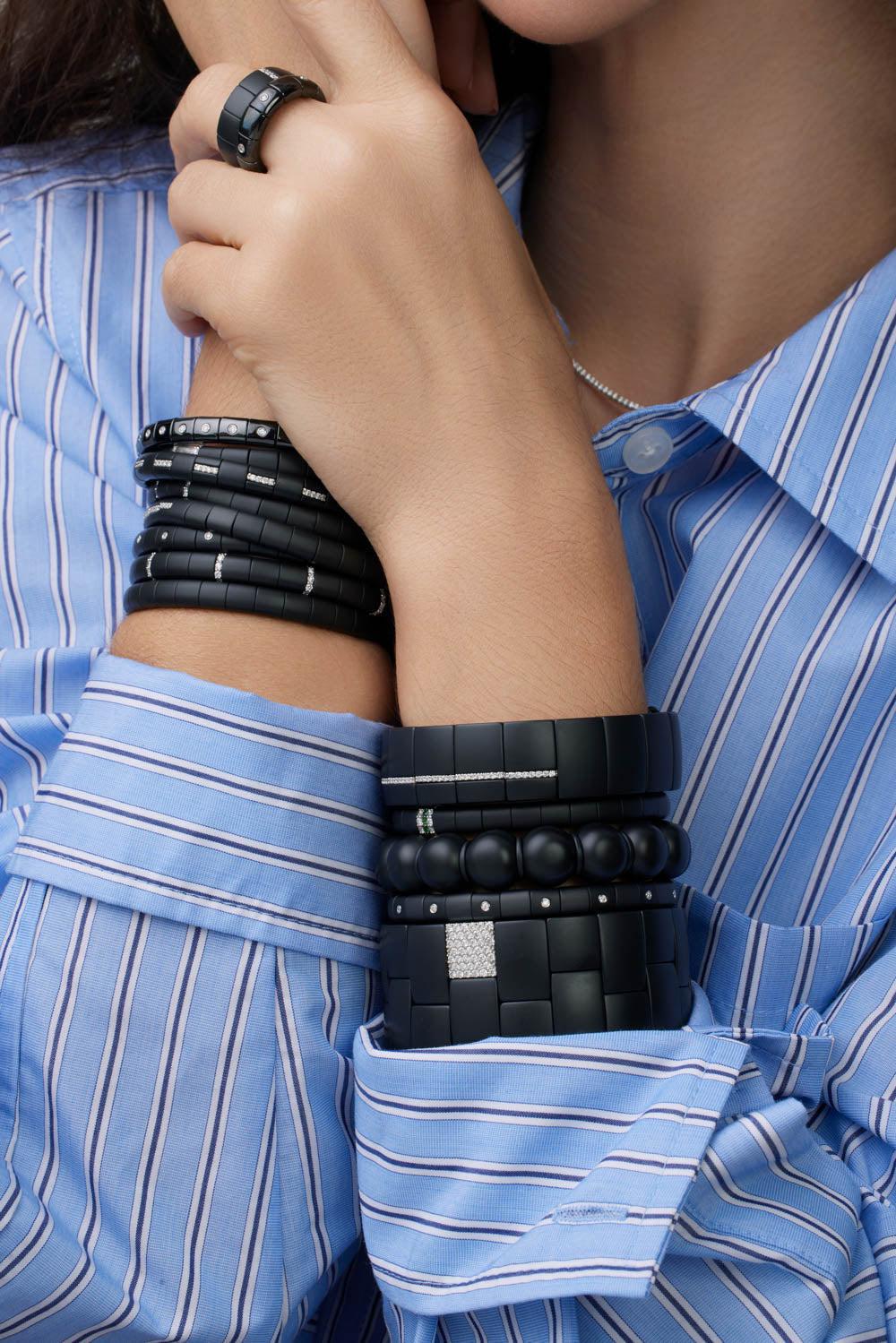 Matte Black Ceramic Diamond Bar Dama Bracelet-WHITE GOLD-JEWELRYFINE JEWELBRACELET O-ROBERTO DEMEGLIO