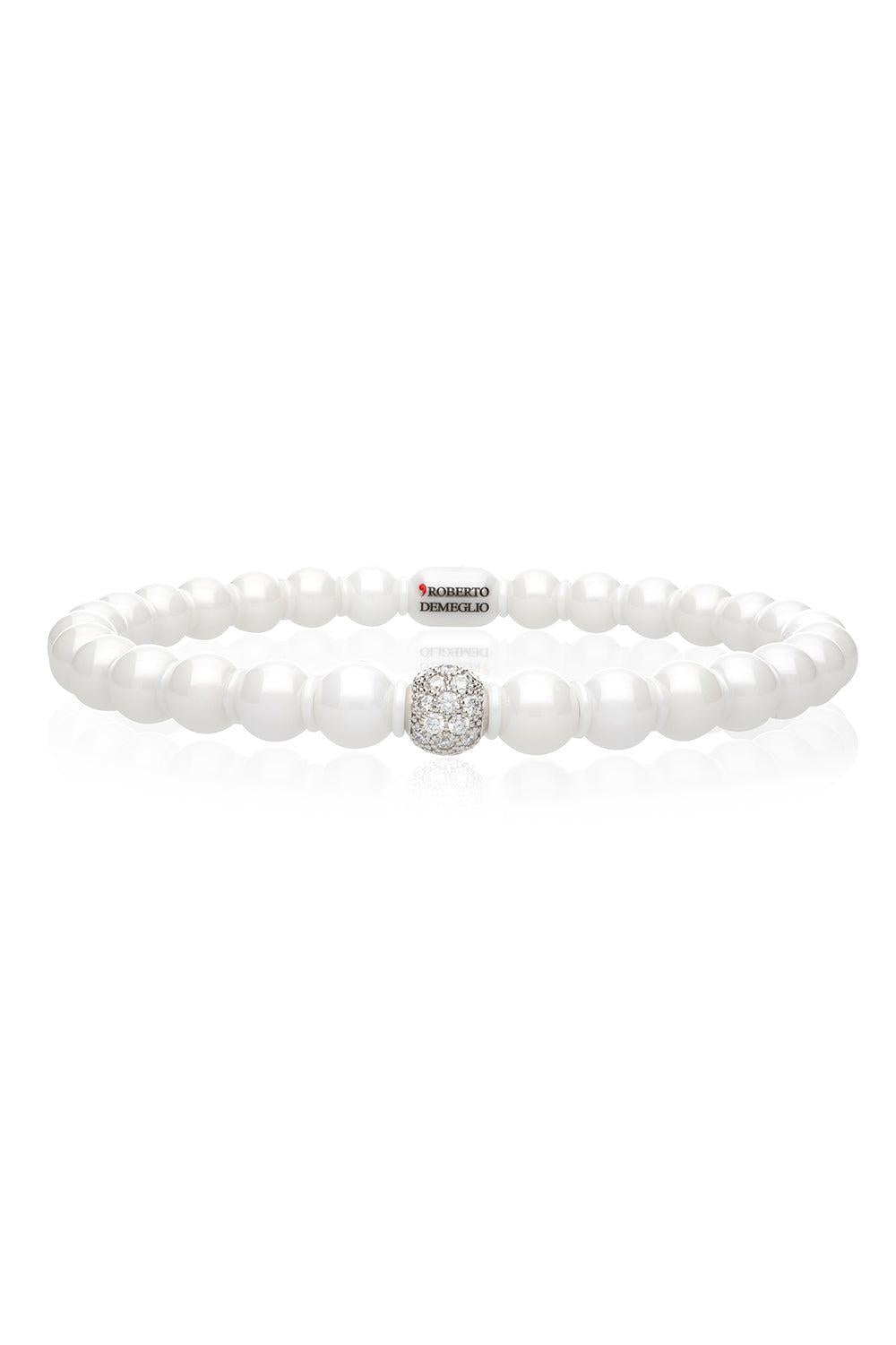One Diamond White Beaded Stretch Bracelet-WHITE GOLD-JEWELRYFINE JEWELBRACELET O-ROBERTO DEMEGLIO