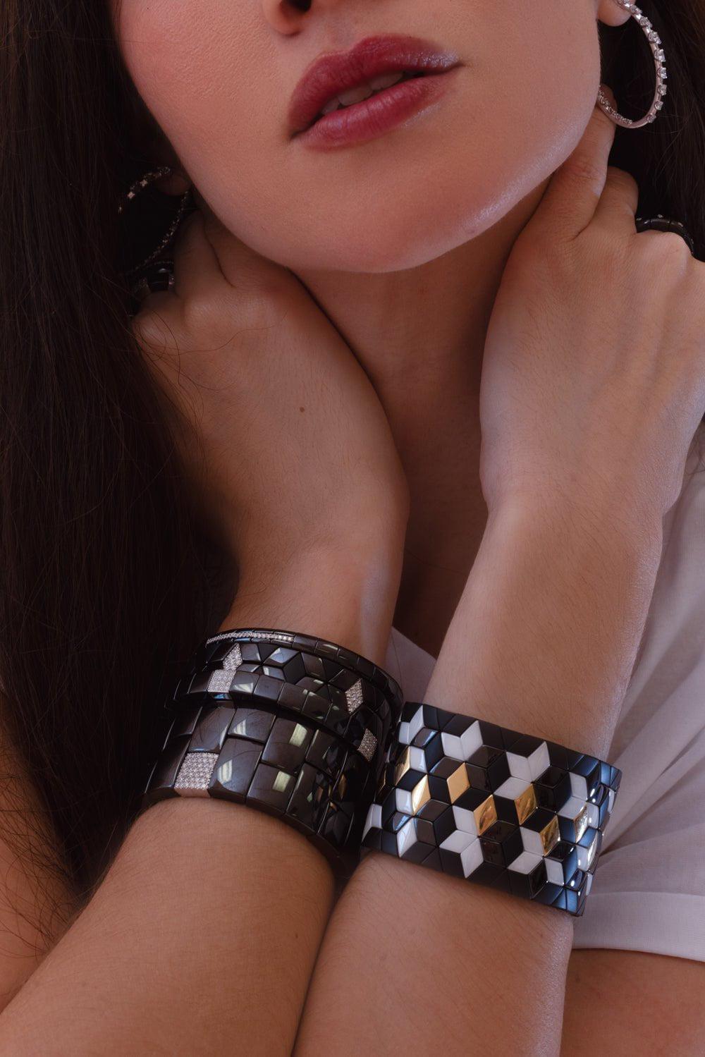 ROBERTO DEMEGLIO-Scacco Black Ceramic Stretch Bracelet-WHITE GOLD