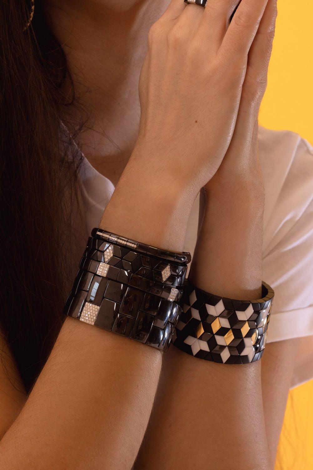 ROBERTO DEMEGLIO-Scacco Black Ceramic Stretch Bracelet-WHITE GOLD
