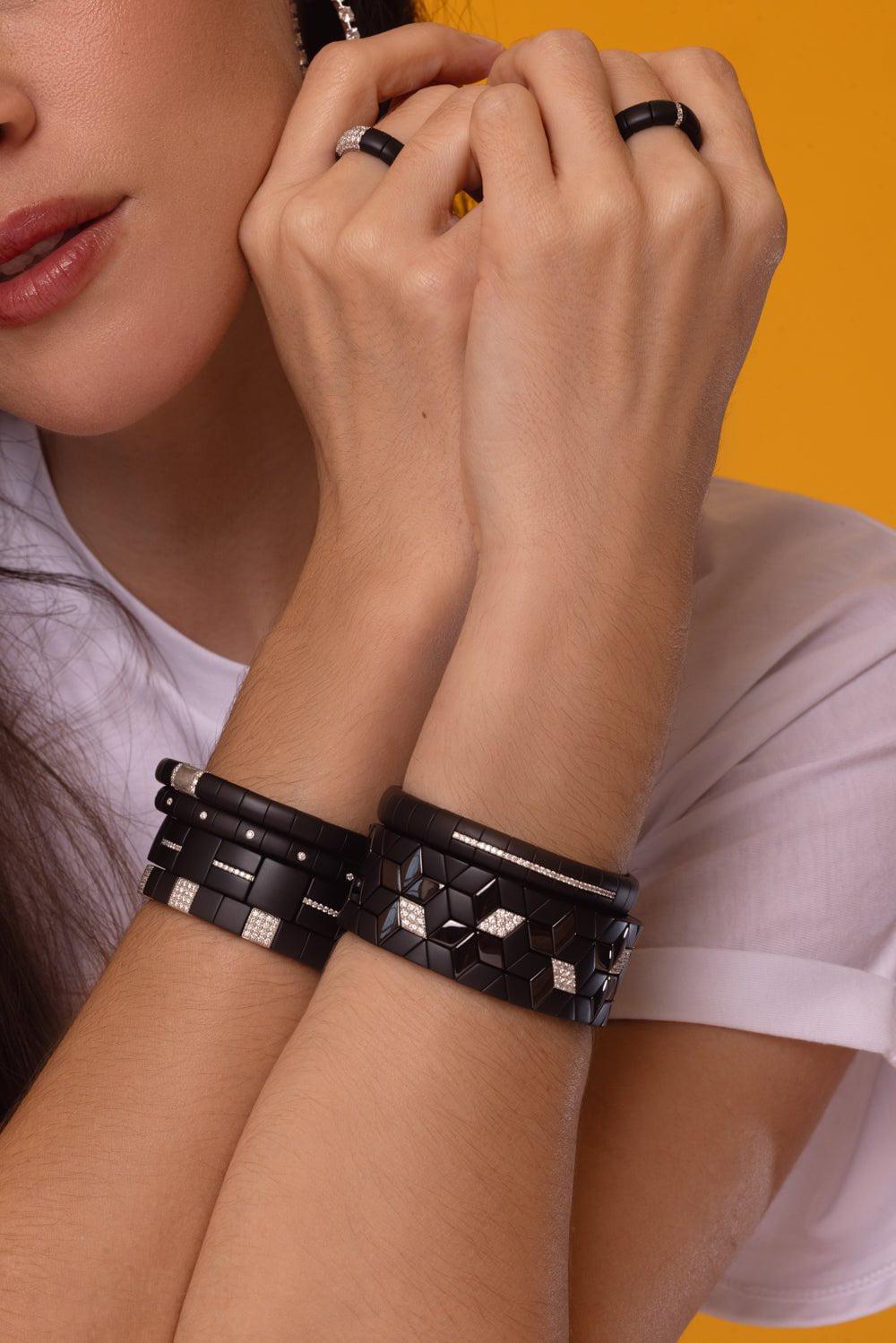 ROBERTO DEMEGLIO-Scacco Black Ceramic Stretch Bracelet-WHITE GOLD