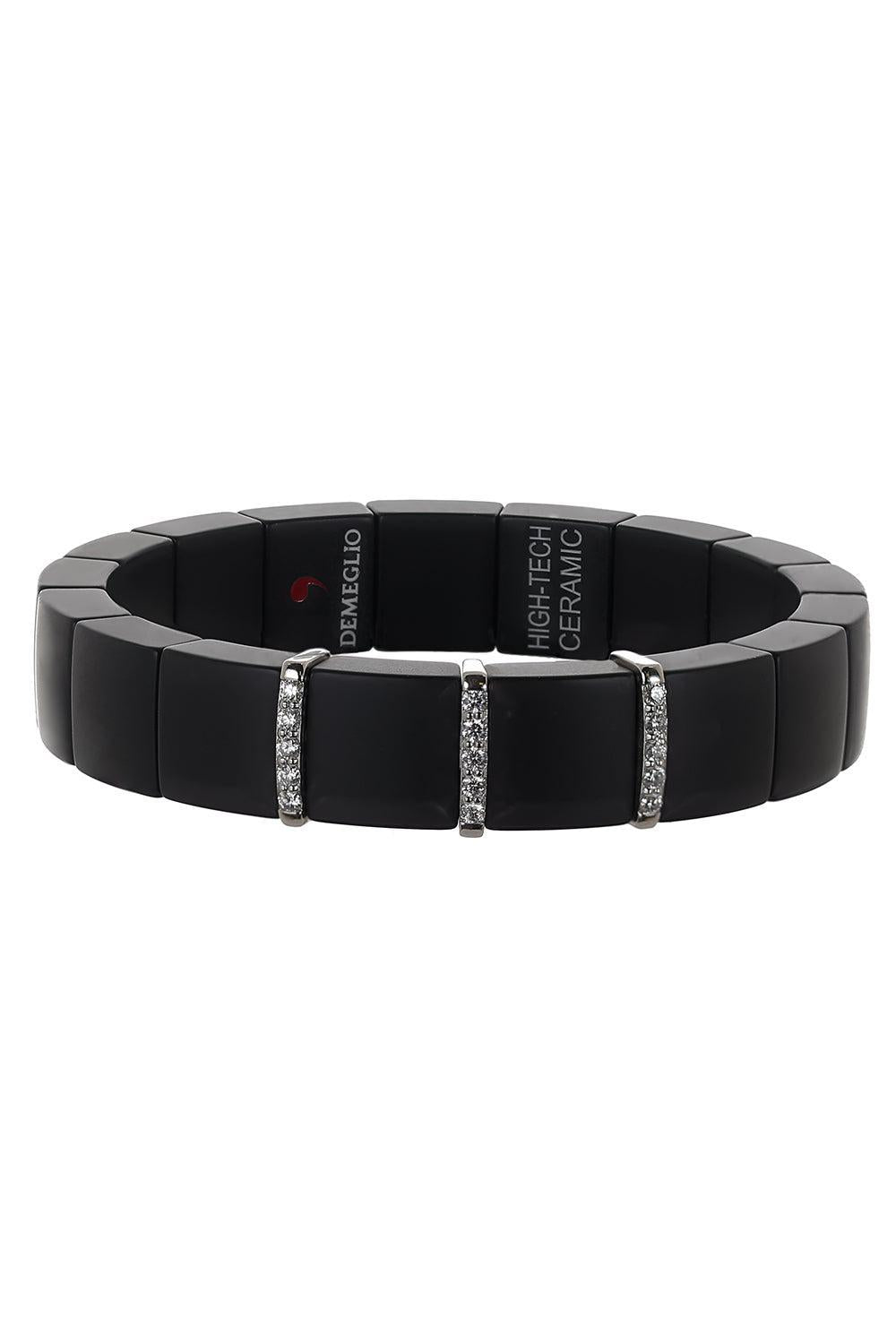 Three Diamond Bar Domino Matte Black Ceramic Stretch Bracelet
