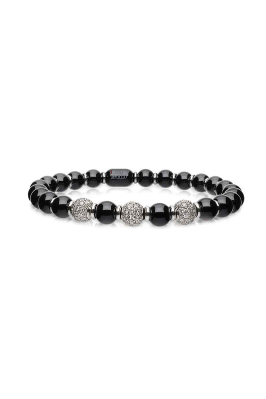 Three Diamond Bead Black Sfera Stretch Bracelet-WHITE GOLD-JEWELRYFINE JEWELBRACELET O-ROBERTO DEMEGLIO