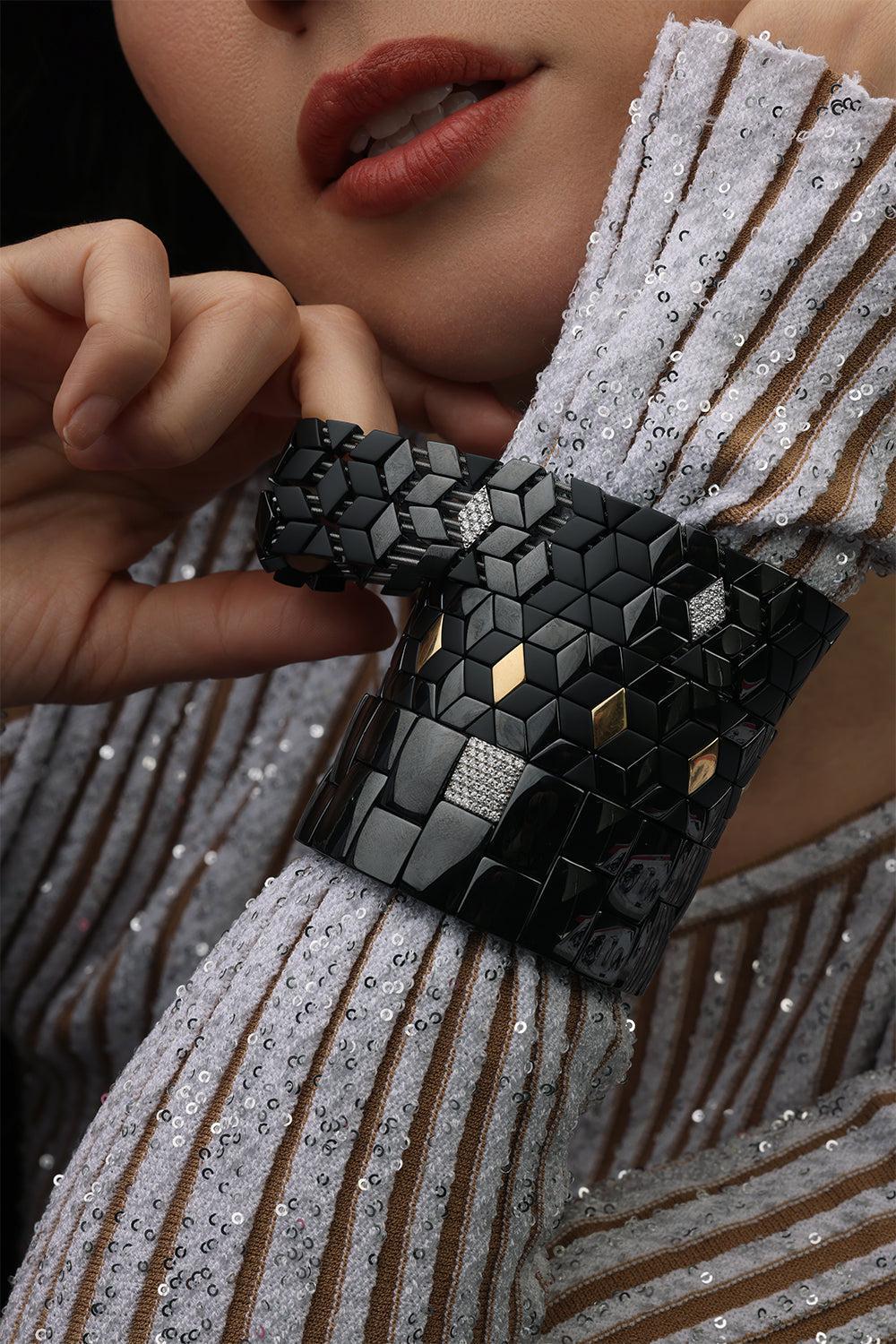 Three Gold Diamond Black Cube Stretch Bracelet-WHITE GOLD-JEWELRYFINE JEWELBRACELET O-ROBERTO DEMEGLIO