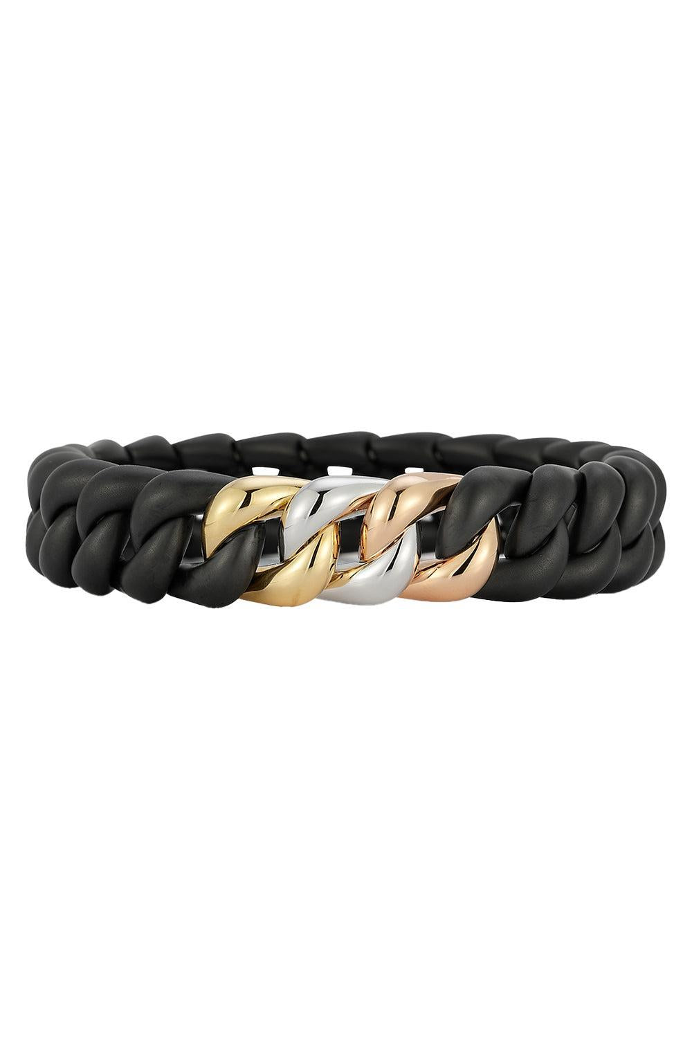 Diamond Three Link Matte Groumette Stretch Bracelet-YELLOW GOLD-JEWELRYFINE JEWELBRACELET O-ROBERTO DEMEGLIO
