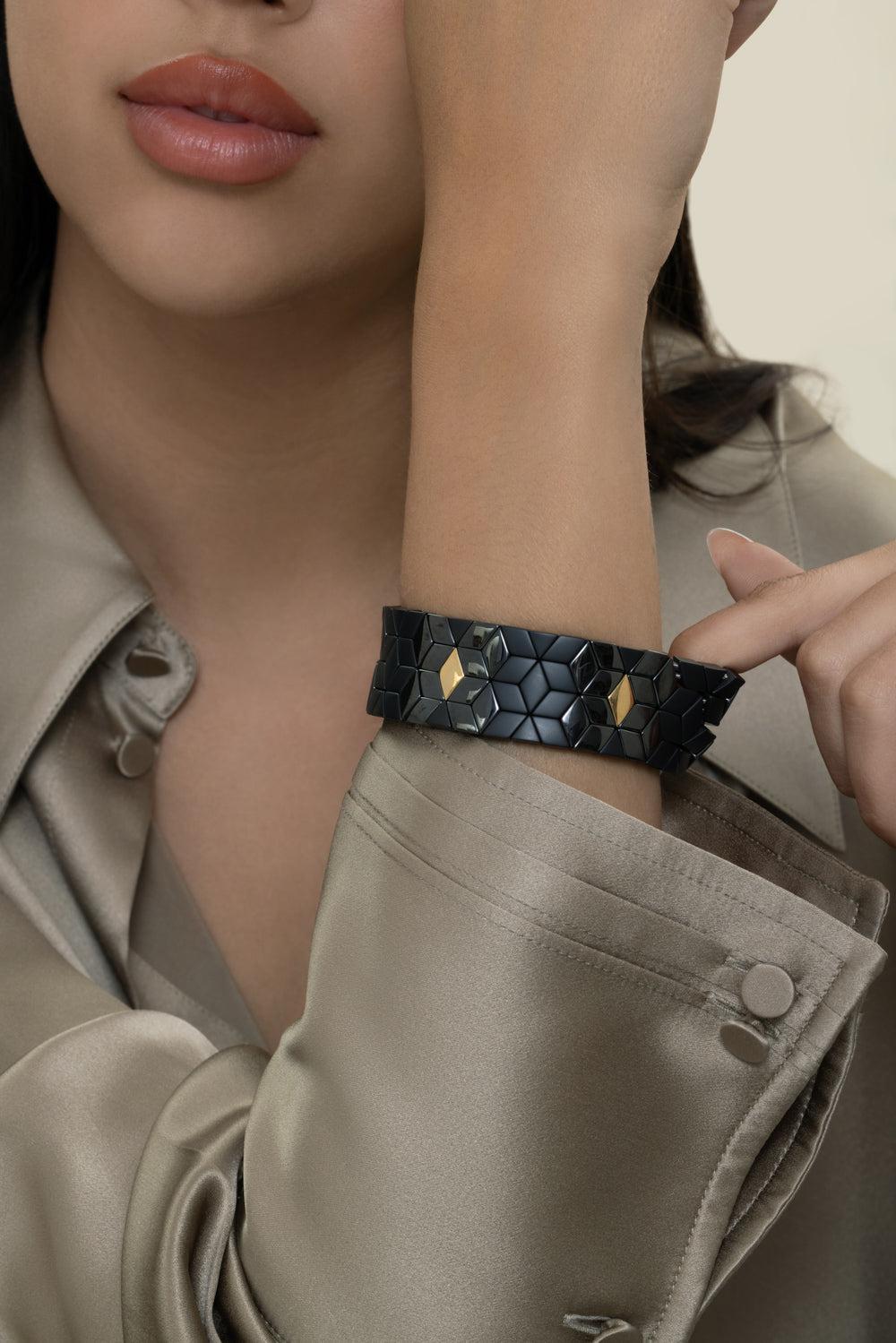 Five Station Black Cube Bracelet-YELLOW GOLD-JEWELRYFINE JEWELBRACELET O-ROBERTO DEMEGLIO