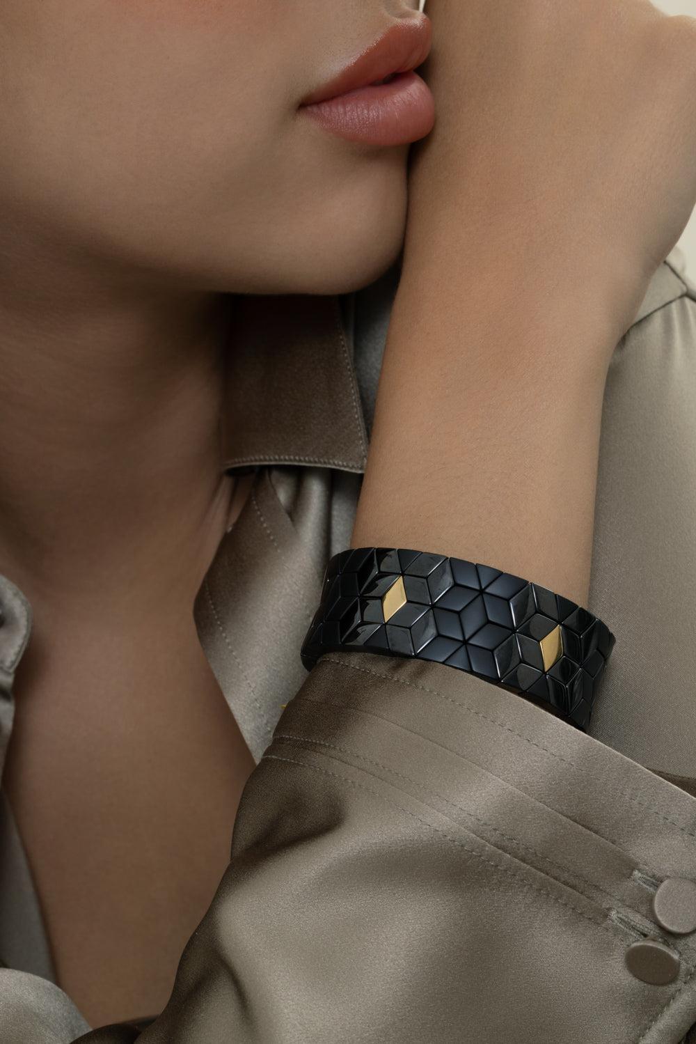 Five Station Black Cube Bracelet-YELLOW GOLD-JEWELRYFINE JEWELBRACELET O-ROBERTO DEMEGLIO