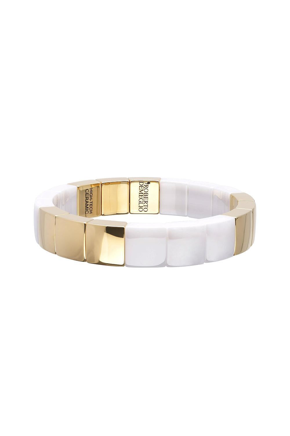 Gold White Ceramic Stretch Bracelet-YELLOW GOLD-JEWELRYFINE JEWELBRACELET O-ROBERTO DEMEGLIO