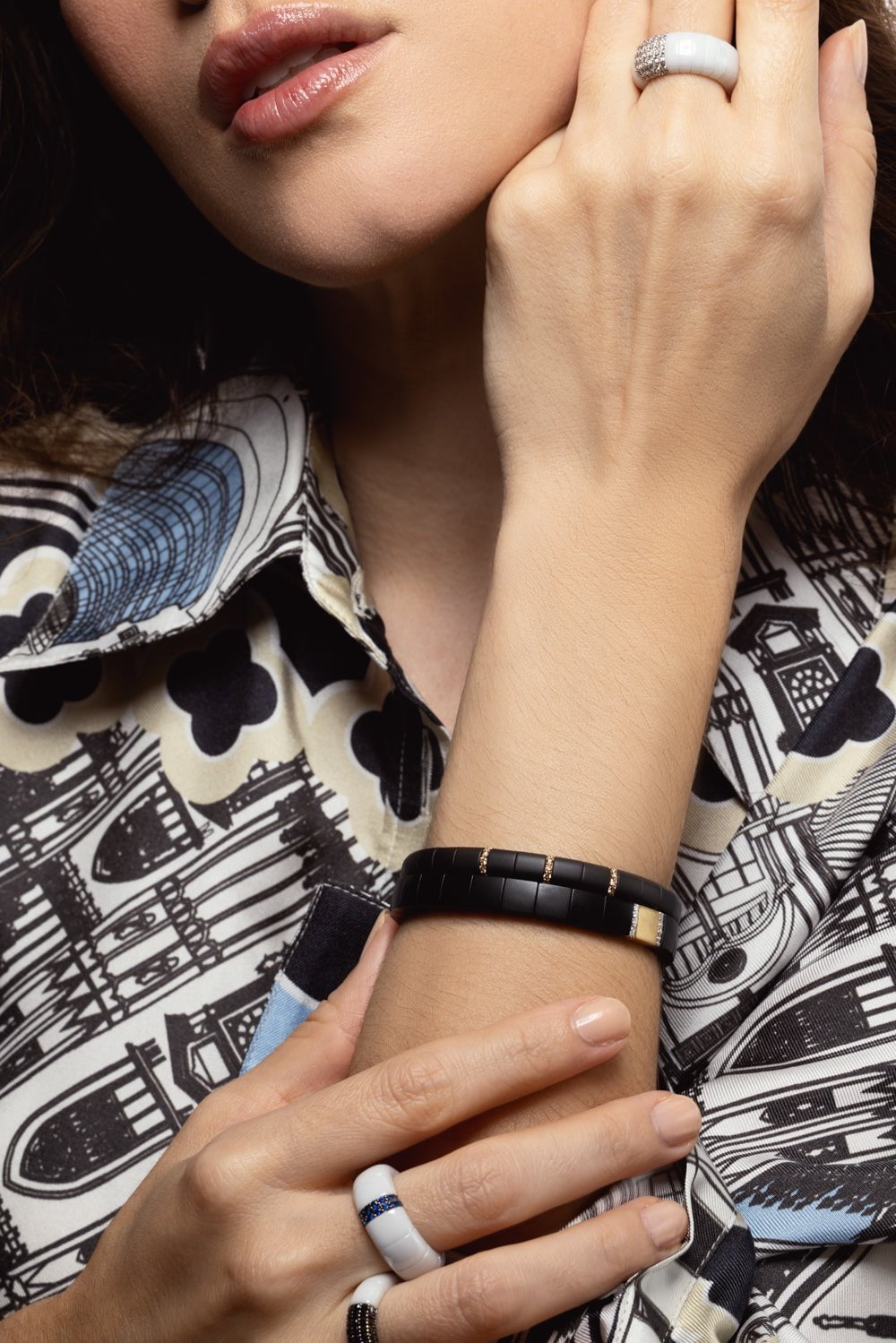 ROBERTO DEMEGLIO-Matte Black Ceramic Diamond Bar Scacco Bracelet-YELLOW GOLD