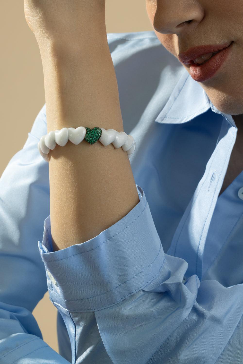 One Emerald White Heart Stretch Bracelet-YELLOW GOLD-JEWELRYFINE JEWELBRACELET O-ROBERTO DEMEGLIO