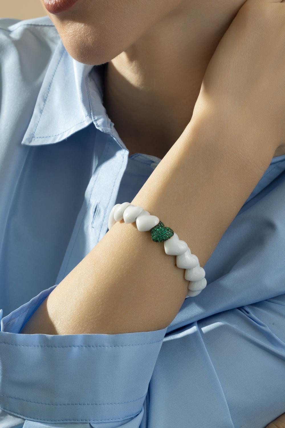 One Emerald White Heart Stretch Bracelet-YELLOW GOLD-JEWELRYFINE JEWELBRACELET O-ROBERTO DEMEGLIO