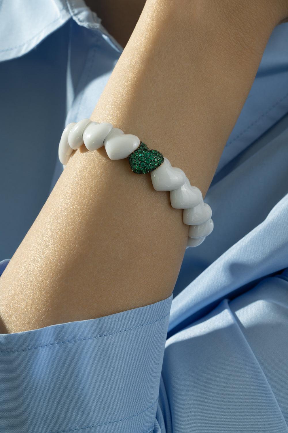 One Emerald White Heart Stretch Bracelet-YELLOW GOLD-JEWELRYFINE JEWELBRACELET O-ROBERTO DEMEGLIO