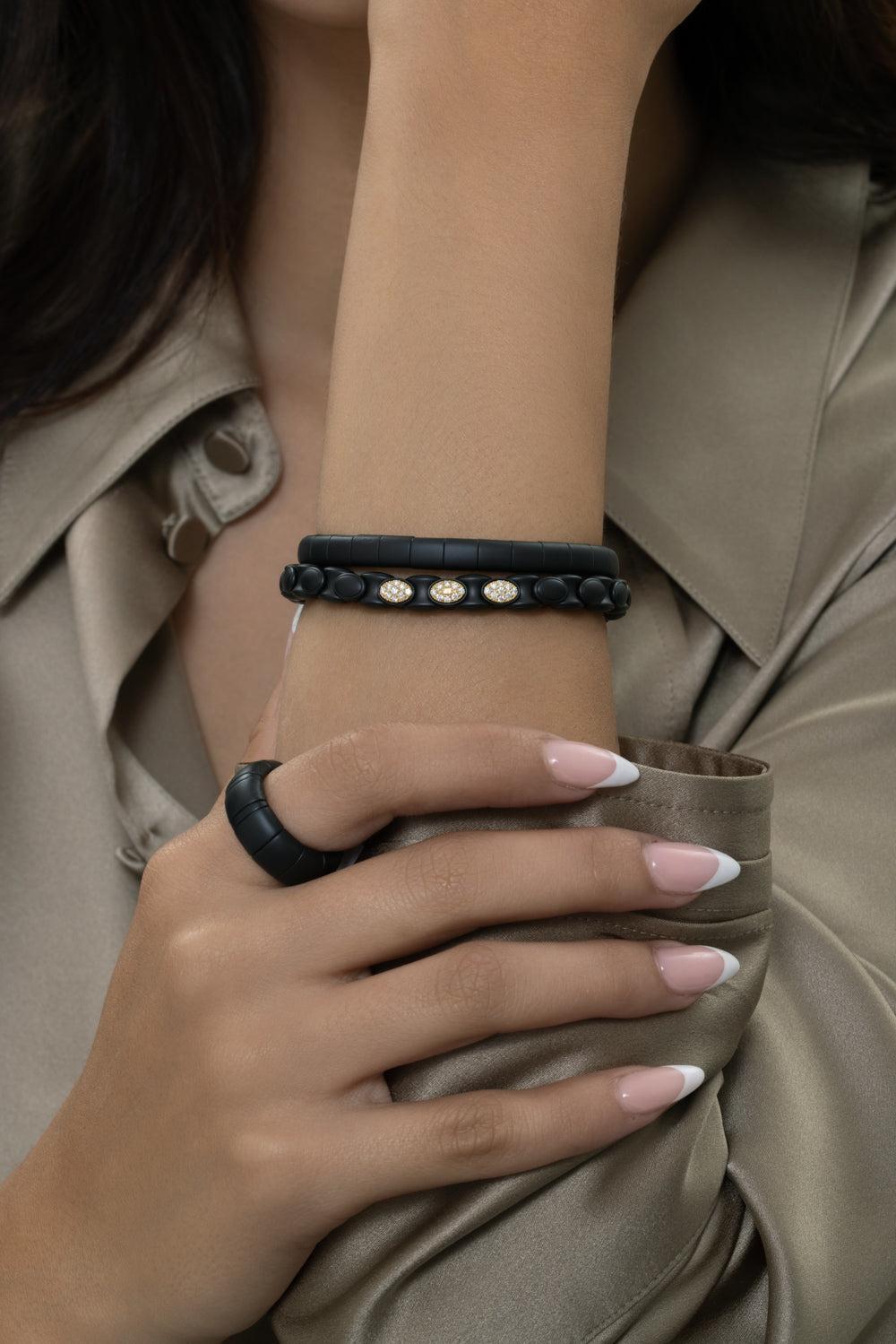 Three Diamond Matte Black Anaconda Bracelet-YELLOW GOLD-JEWELRYFINE JEWELBRACELET O-ROBERTO DEMEGLIO