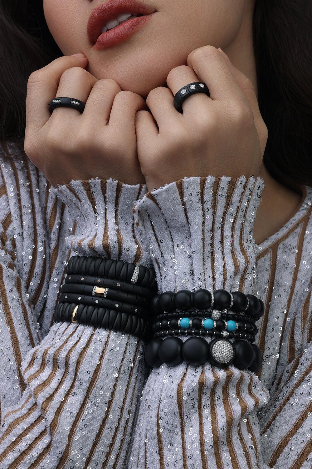 Two Diamond Bar Black Ceramic Pura Stretch Ring-YELLOW GOLD-JEWELRYFINE JEWELBRACELET O-ROBERTO DEMEGLIO