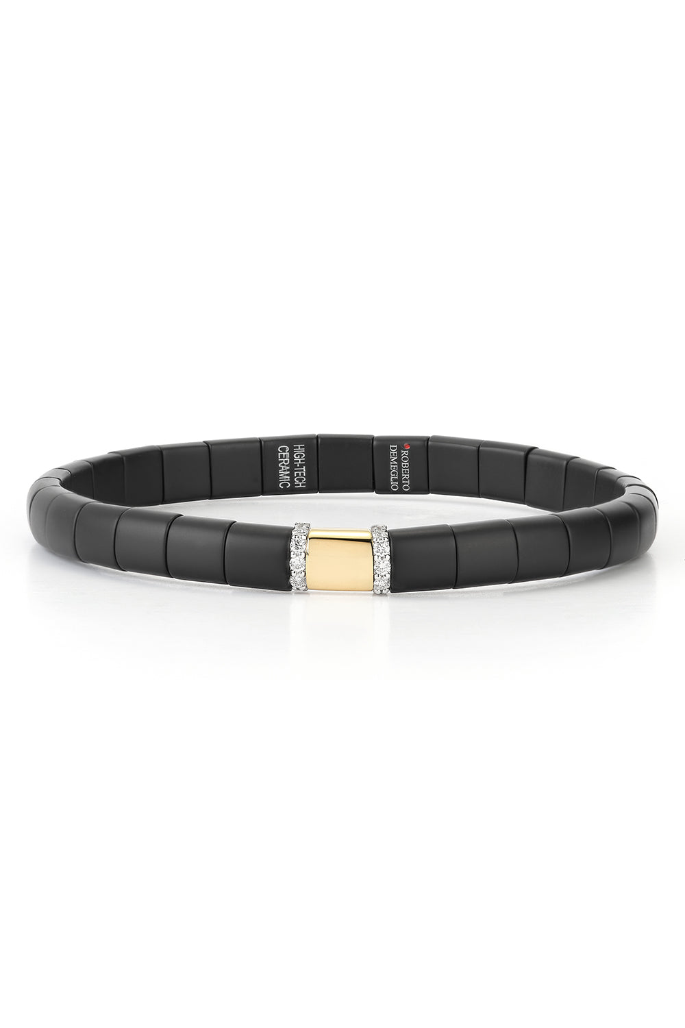 Two Diamond Bar Black Ceramic Pura Stretch Ring-YELLOW GOLD-JEWELRYFINE JEWELBRACELET O-ROBERTO DEMEGLIO