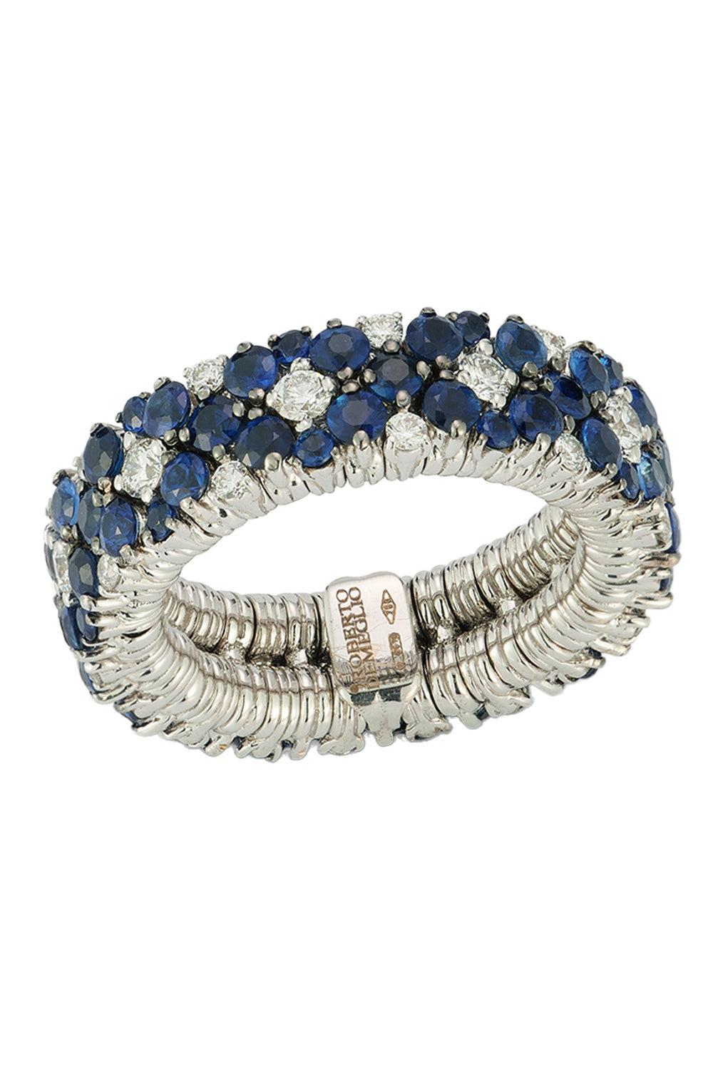 Blue Sapphire Diamond Two Row Cachmere Stretch Ring-WHITE GOLD-5-JEWELRYFINE JEWELRING-ROBERTO DEMEGLIO