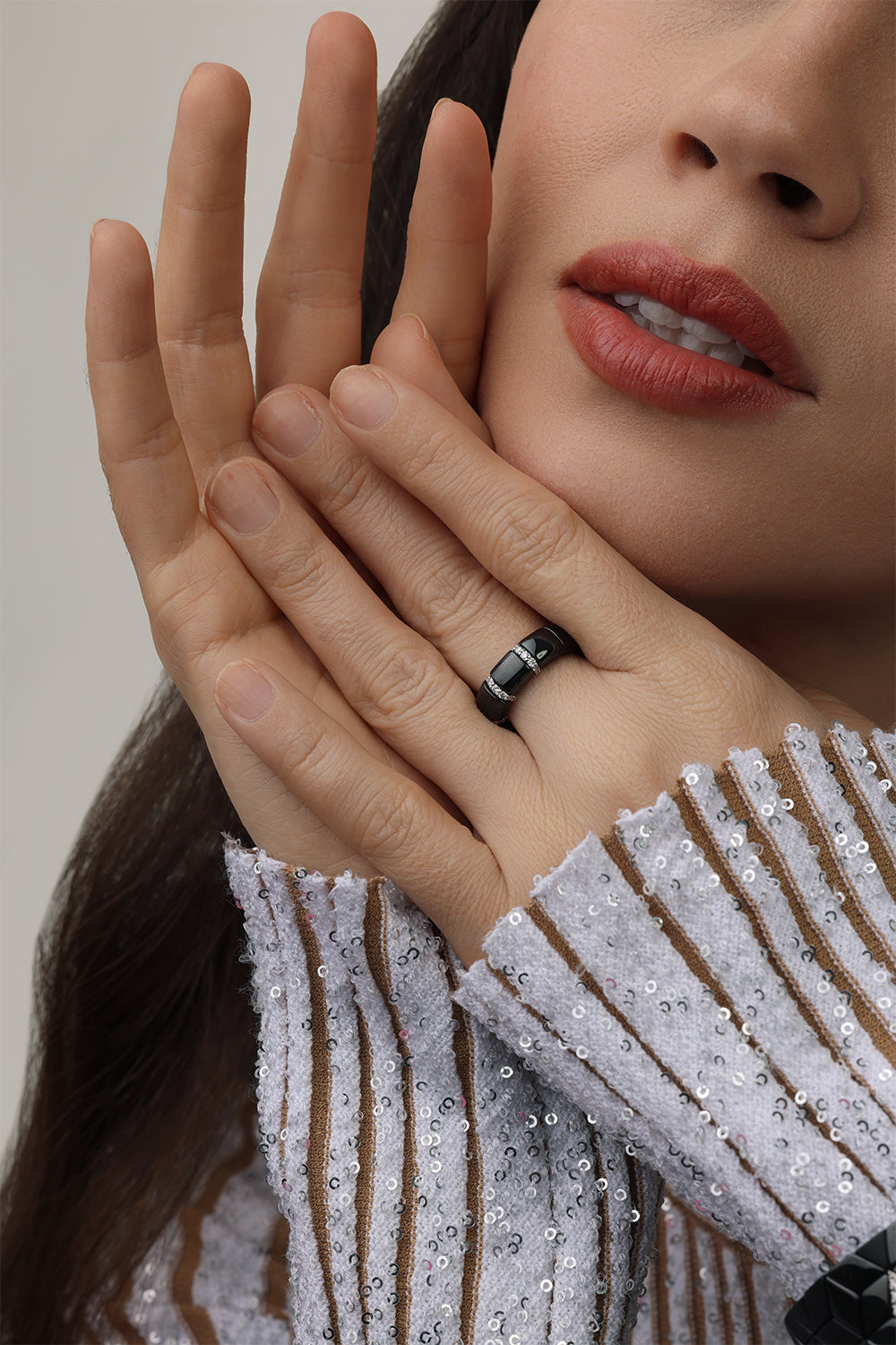 Diamond Gold Bar Black Ceramic Pura Stretch Ring-WHITE GOLD-6-JEWELRYFINE JEWELRING-ROBERTO DEMEGLIO