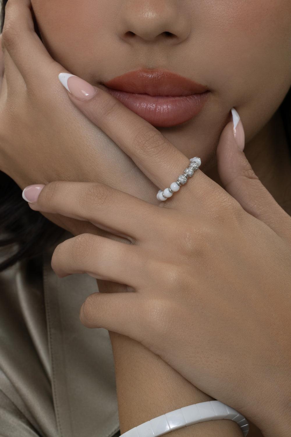 Three Diamond White Bead Stretch Sfera Ring-WHITE GOLD-6.5-JEWELRYFINE JEWELRING-ROBERTO DEMEGLIO