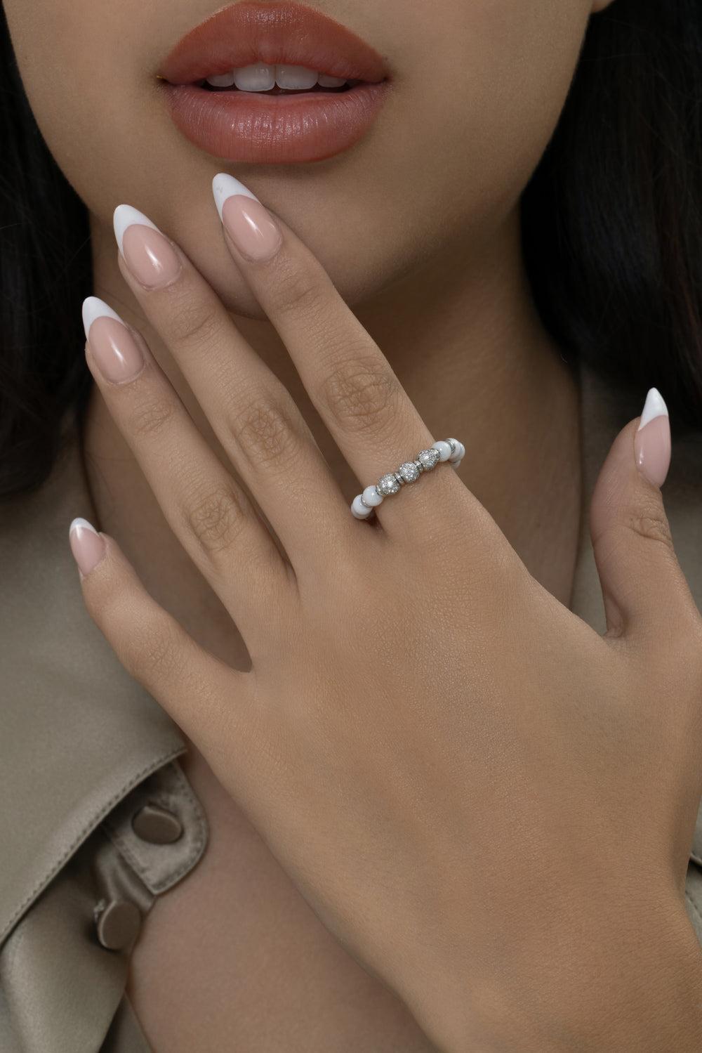 Three Diamond White Bead Stretch Sfera Ring-WHITE GOLD-6.5-JEWELRYFINE JEWELRING-ROBERTO DEMEGLIO