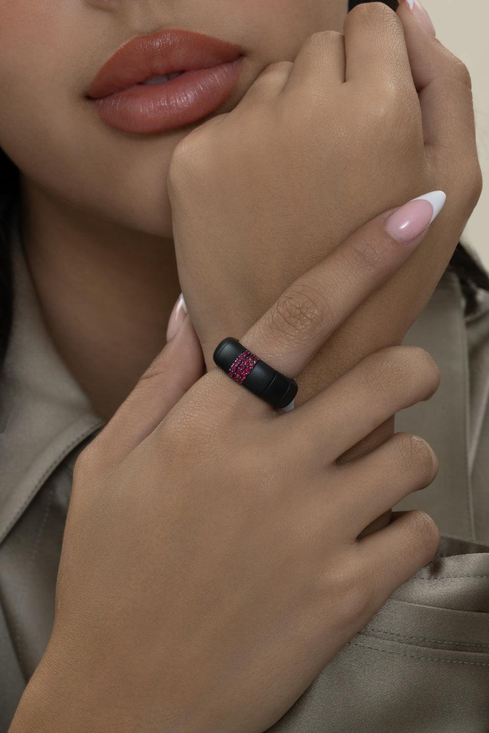 Three Ruby Bar Matte Black Ring-WHITE GOLD-6.5-JEWELRYFINE JEWELRING-ROBERTO DEMEGLIO
