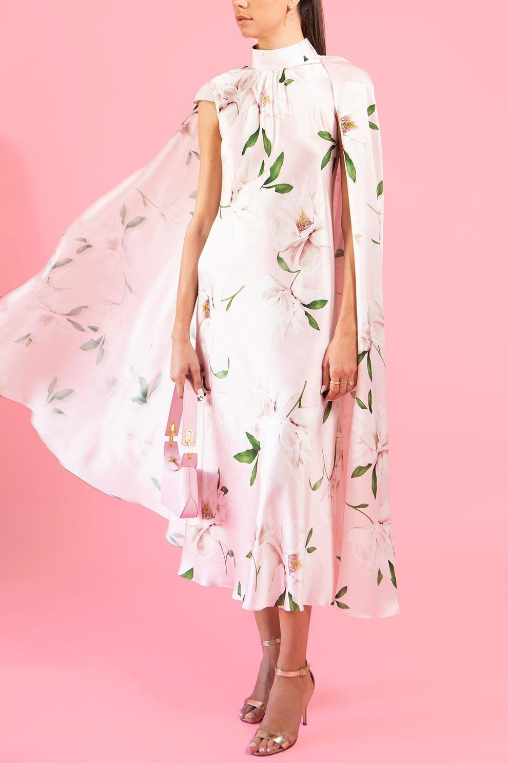 rodarte pink dress Floral Printed Cape Dress
