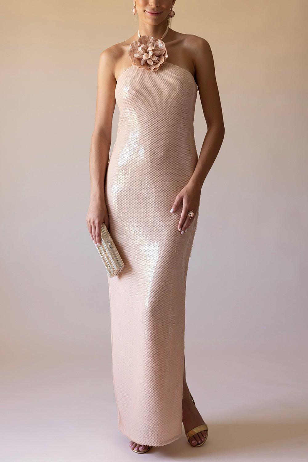 RODARTE-Flower Detail Sequin Halter Gown-