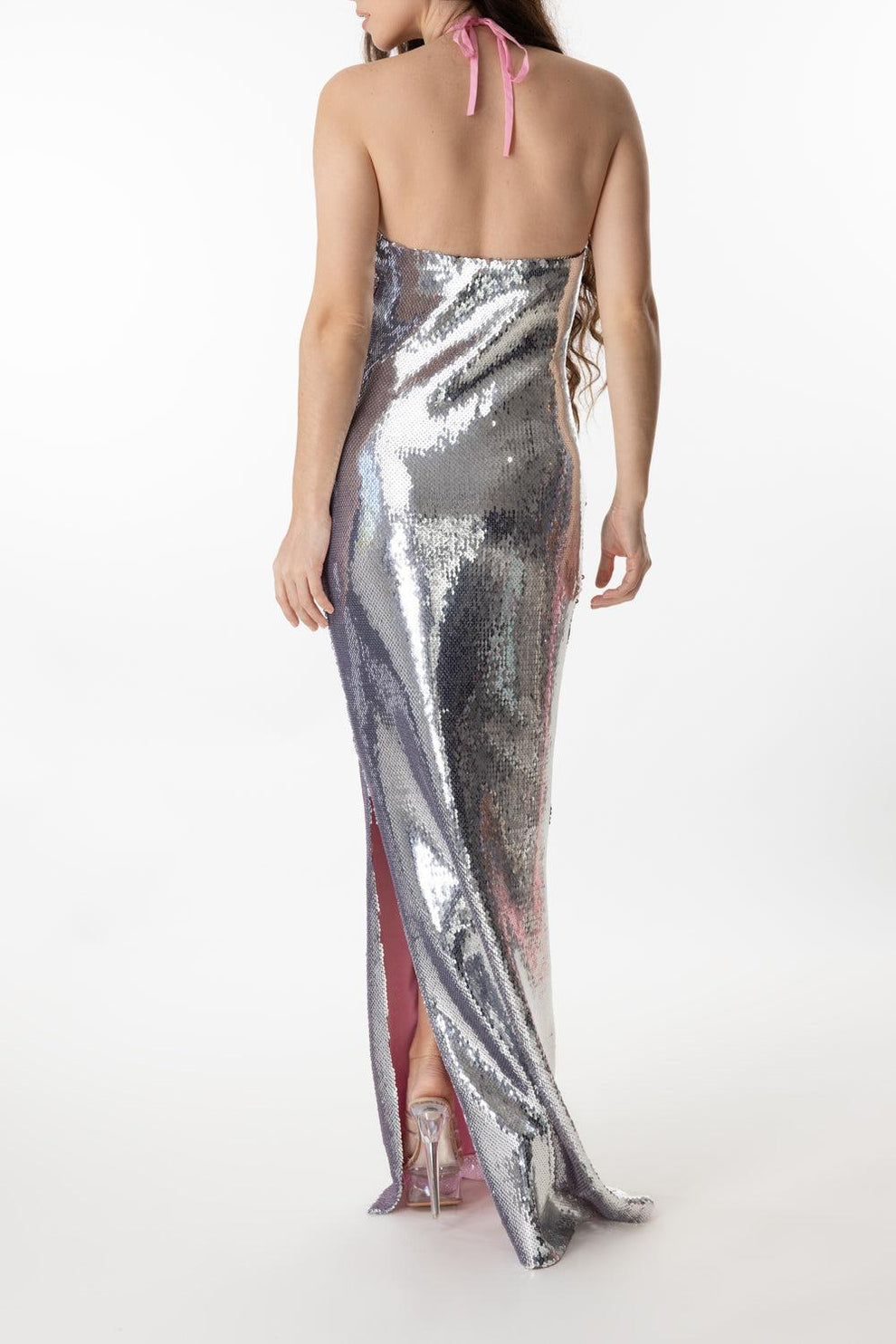 Flower Detail Halter Gown - Silver Sequin