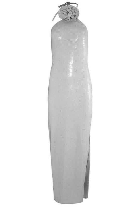 Flower Detail Halter Gown - Silver Sequin-SILVER-2-CLOTHINGDRESSGOWN-RODARTE