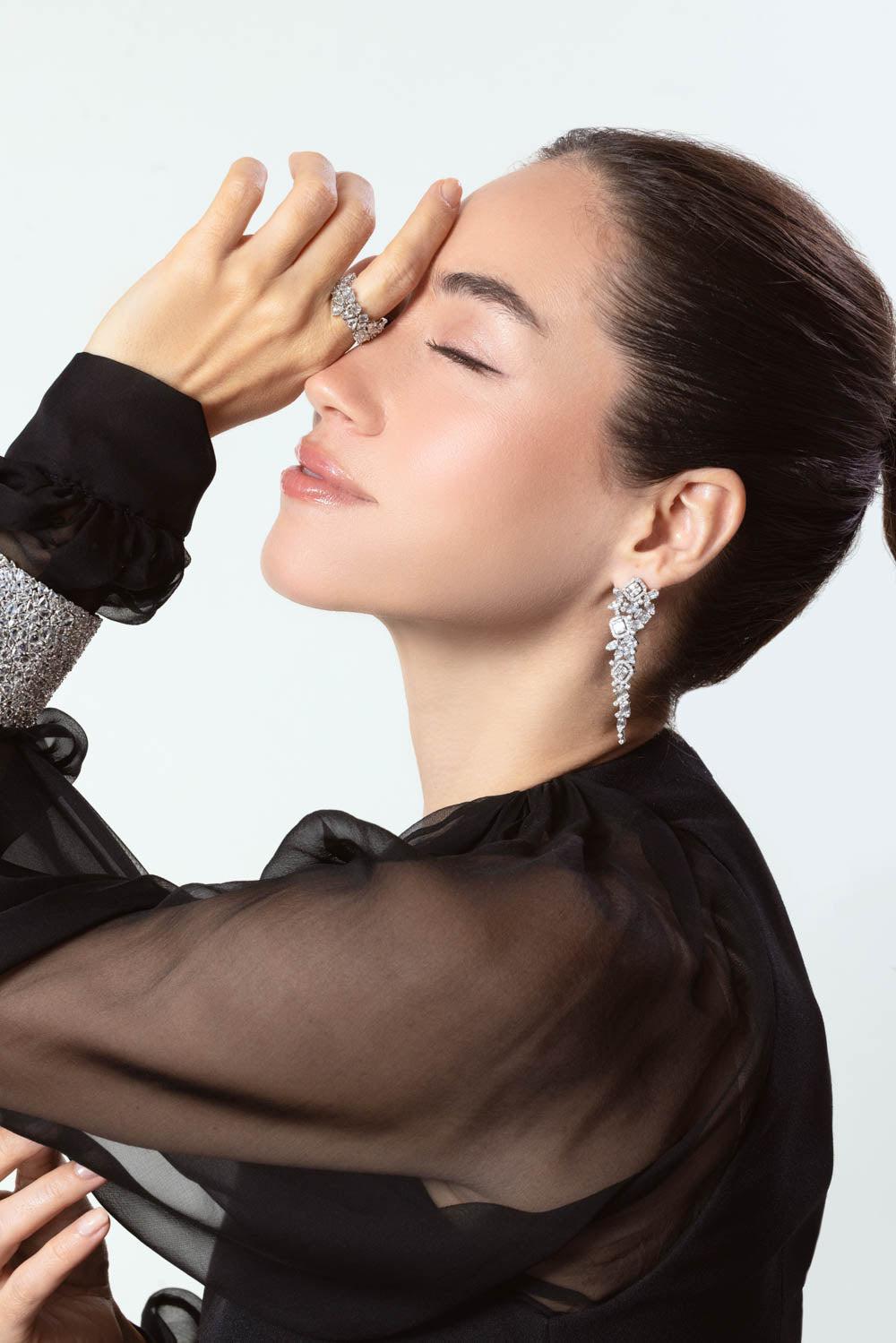 RUCHI NEW YORK-Baguette Diamond Long Earrings-WHITE GOLD