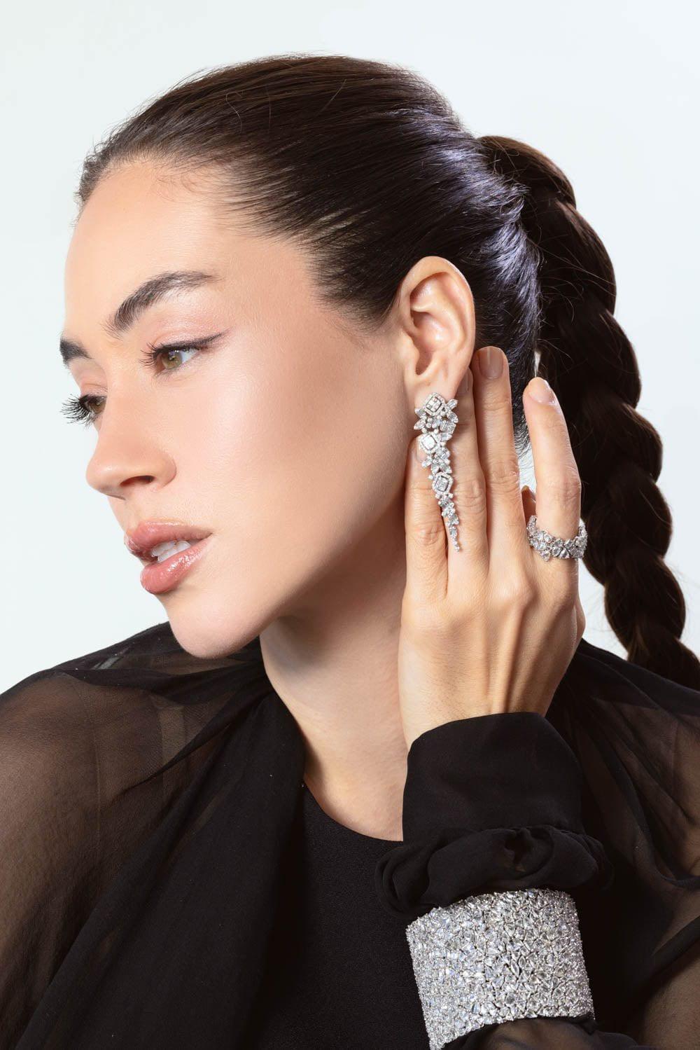 RUCHI NEW YORK-Baguette Diamond Long Earrings-WHITE GOLD