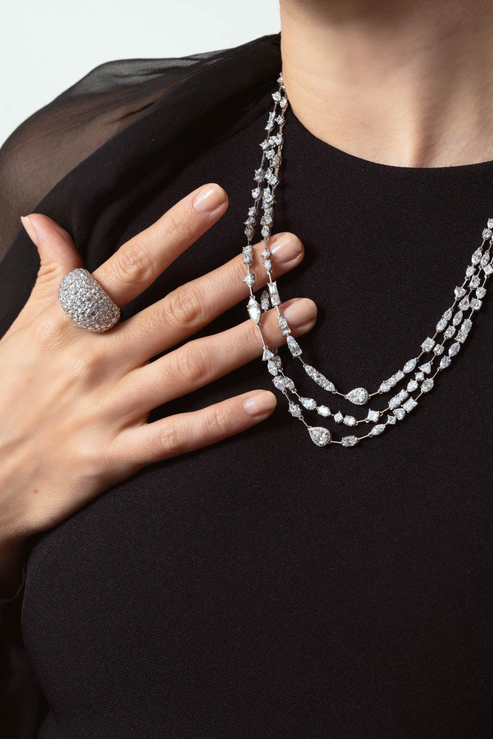 RUCHI NEW YORK-Scintillate Mixed Shape Diamond Three Step Necklace-WHITE GOLD