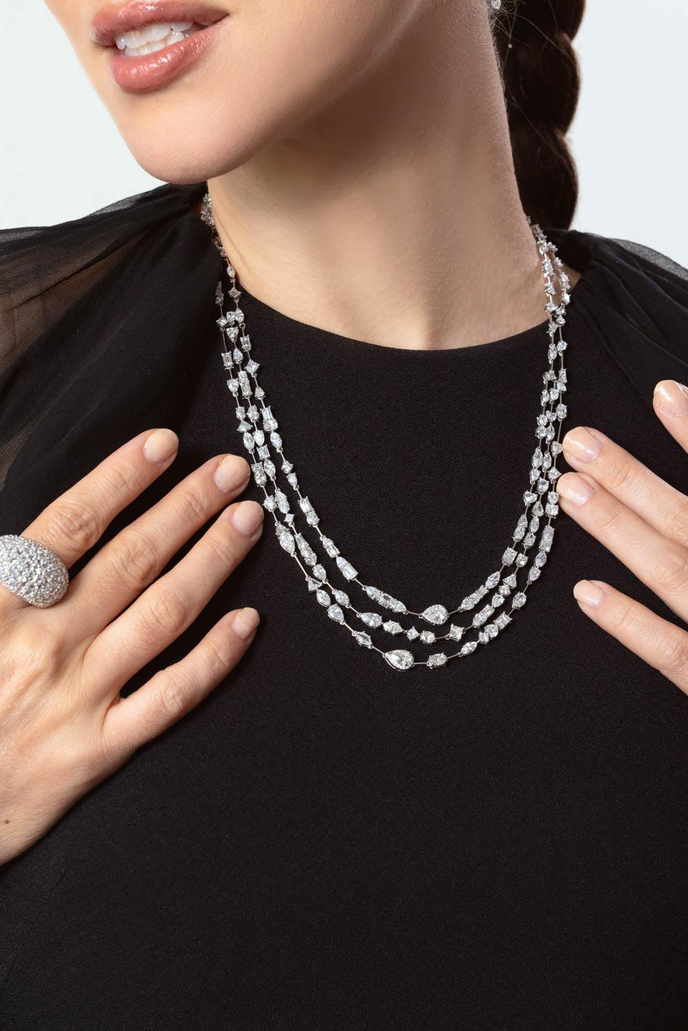 RUCHI NEW YORK-Scintillate Mixed Shape Diamond Three Step Necklace-WHITE GOLD