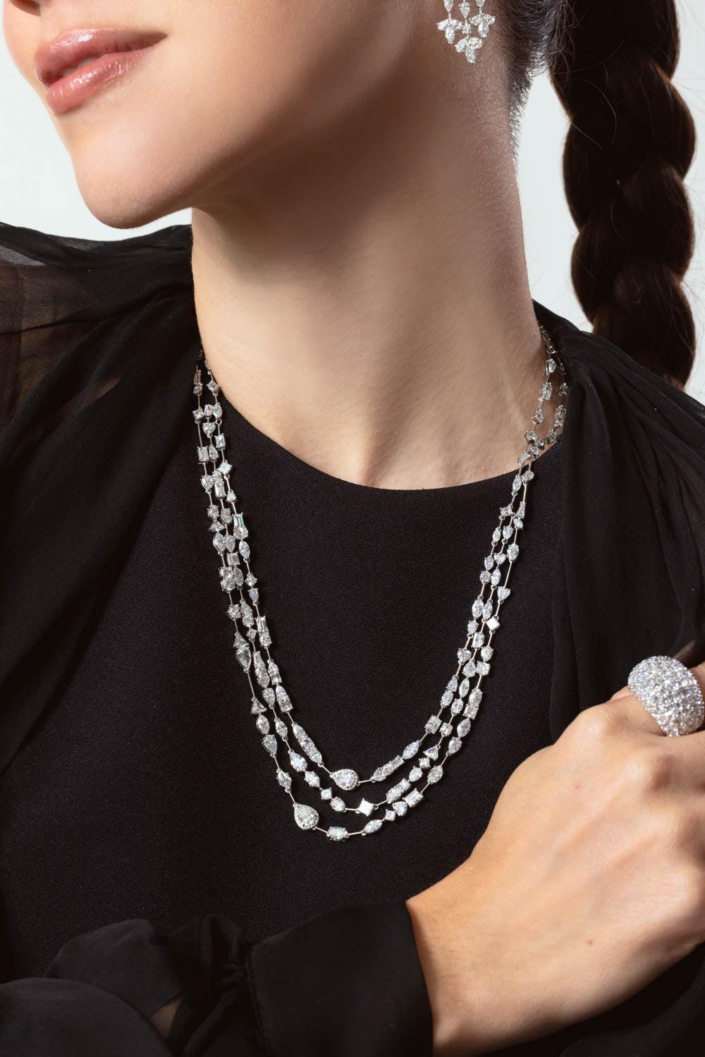 RUCHI NEW YORK-Scintillate Mixed Shape Diamond Three Step Necklace-WHITE GOLD
