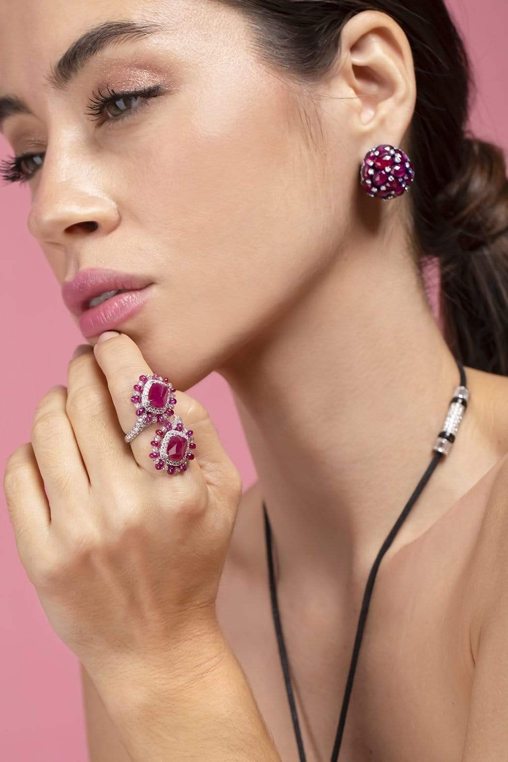 SABOO FINE JEWELS-Elemento Ruby and Diamond Huggies-TITANIUM