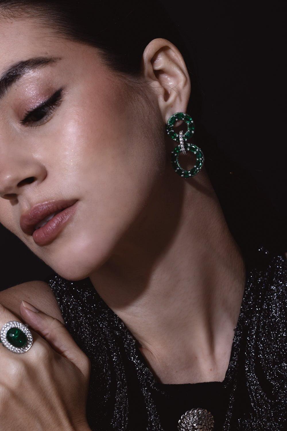 SABOO FINE JEWELS-Emerald Circle Drop Earrings-TITANIUM