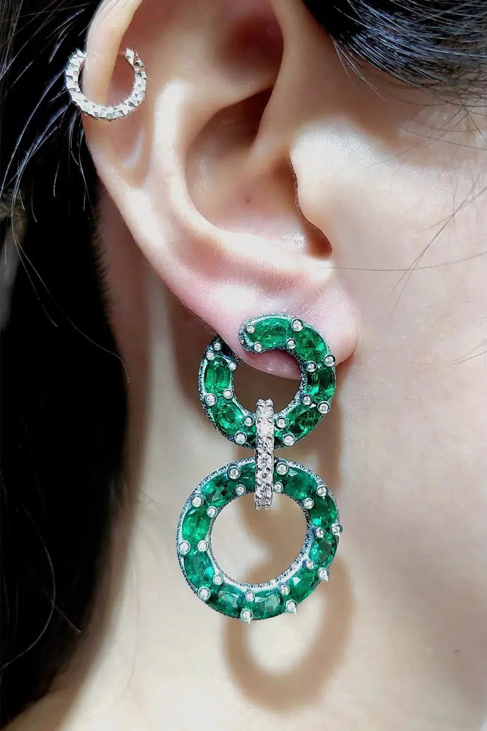 SABOO FINE JEWELS-Emerald Circle Drop Earrings-TITANIUM