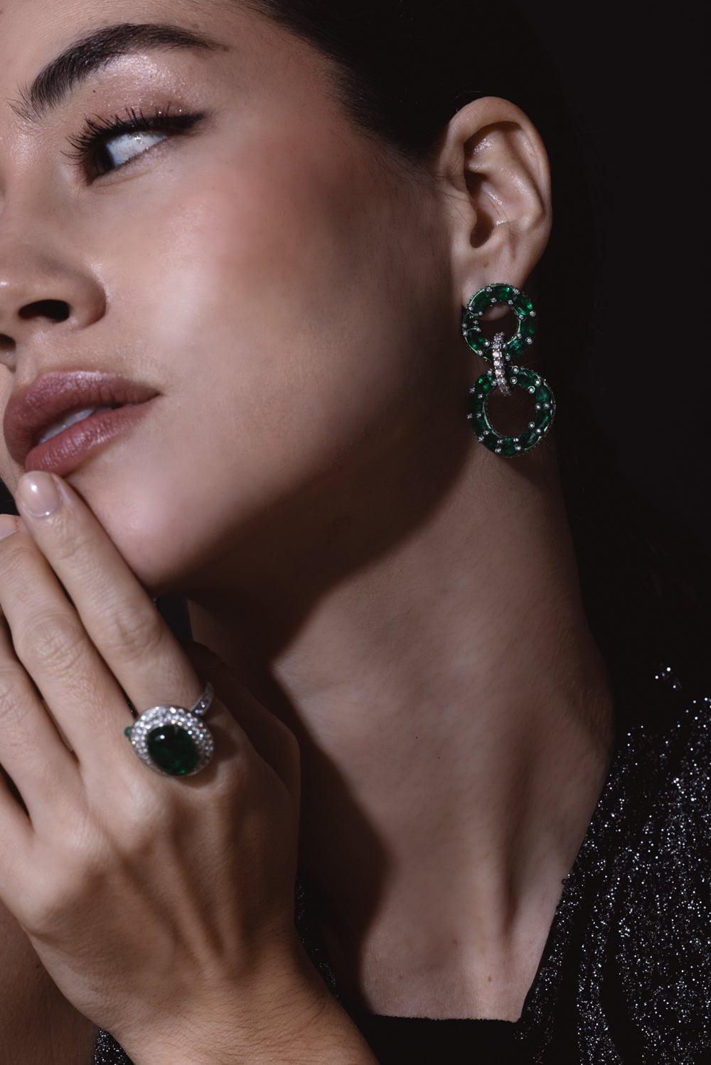 SABOO FINE JEWELS-Emerald Circle Drop Earrings-TITANIUM