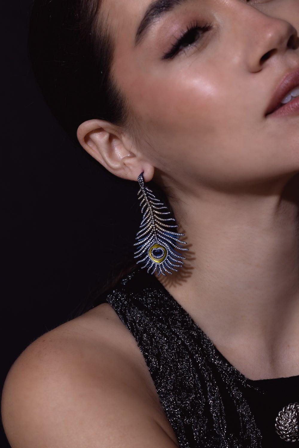 SABOO FINE JEWELS-Sapphire Feather Earrings-TITANIUM