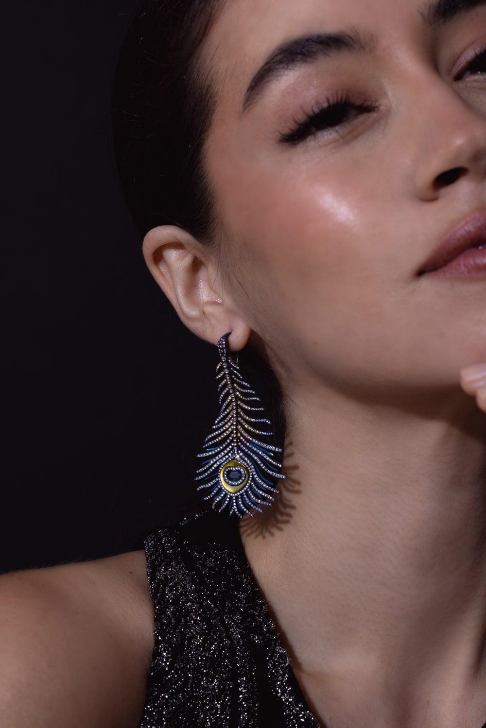 SABOO FINE JEWELS-Sapphire Feather Earrings-TITANIUM